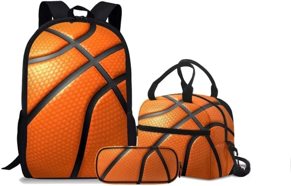 FKELYI Kids Backpack for School,Basketball Printing Boys Primary Schoolbag Shoulder Rucksack Set with Lunch Box and Pencil Case,3PCS