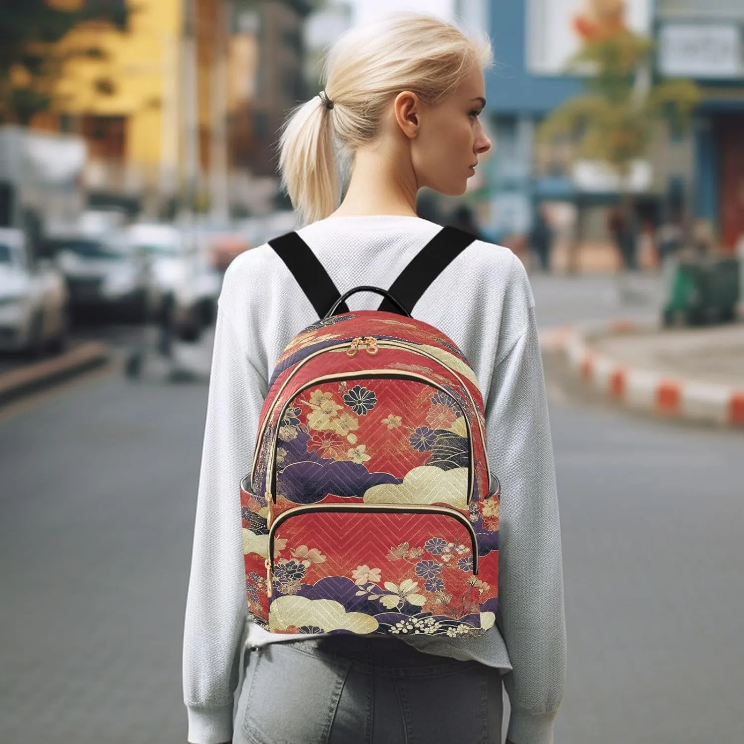 Floral Cloud Red Backpack Purse for Women Fashion Backpack Handbags with Anti-theft Back for Travel Work Day M