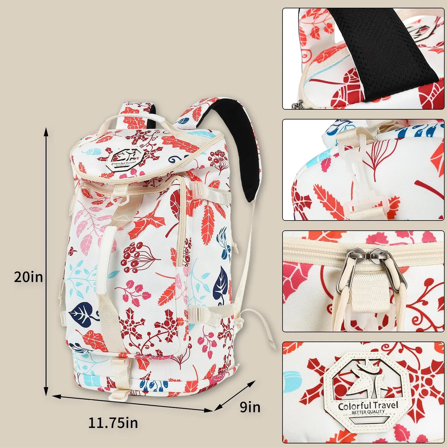 Floral Gym Duffle Bag Backpack 4 ways for Women Waterproof with Shoes Compartment for travel Sport Hiking laptop Lightweight, Kalesi XL