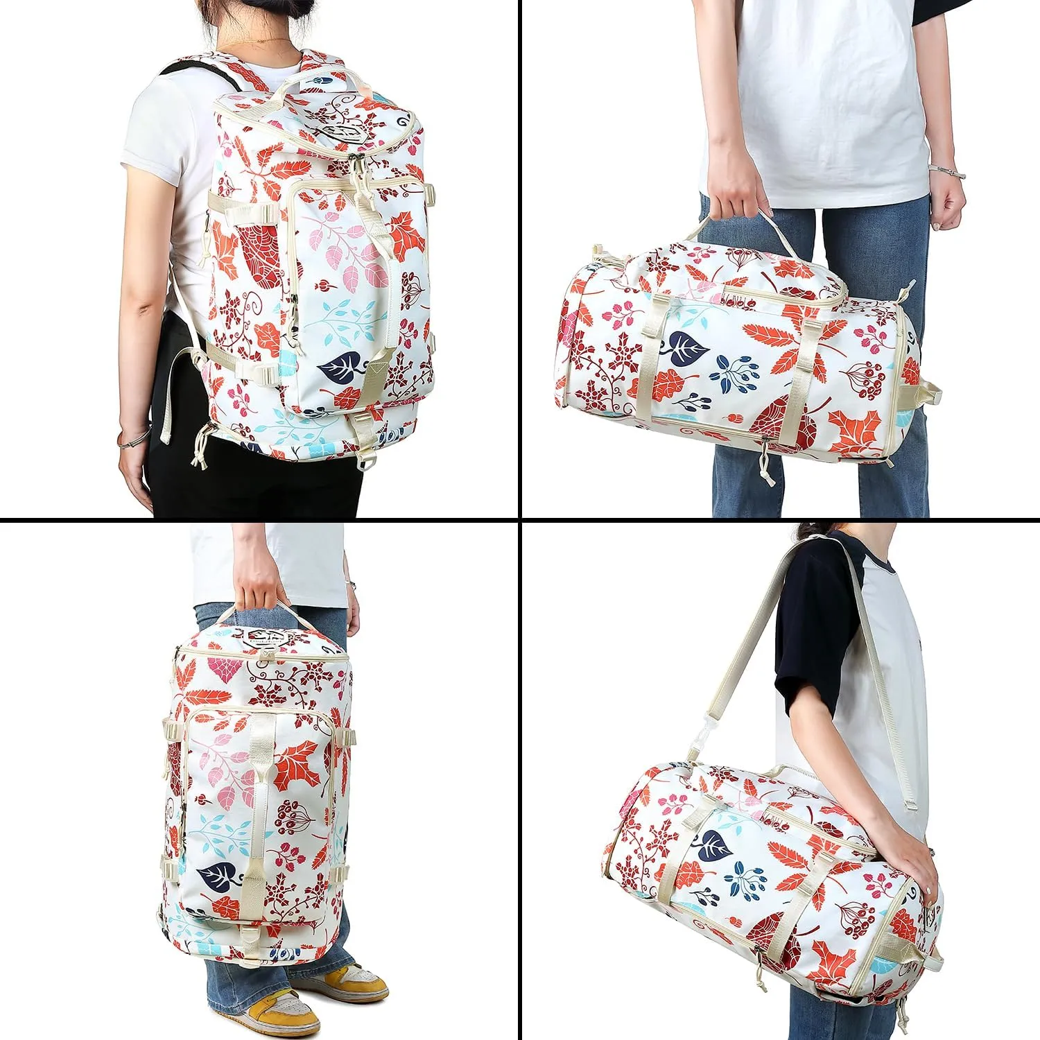 Floral Gym Duffle Bag Backpack 4 ways for Women Waterproof with Shoes Compartment for travel Sport Hiking laptop Lightweight, Kalesi XL
