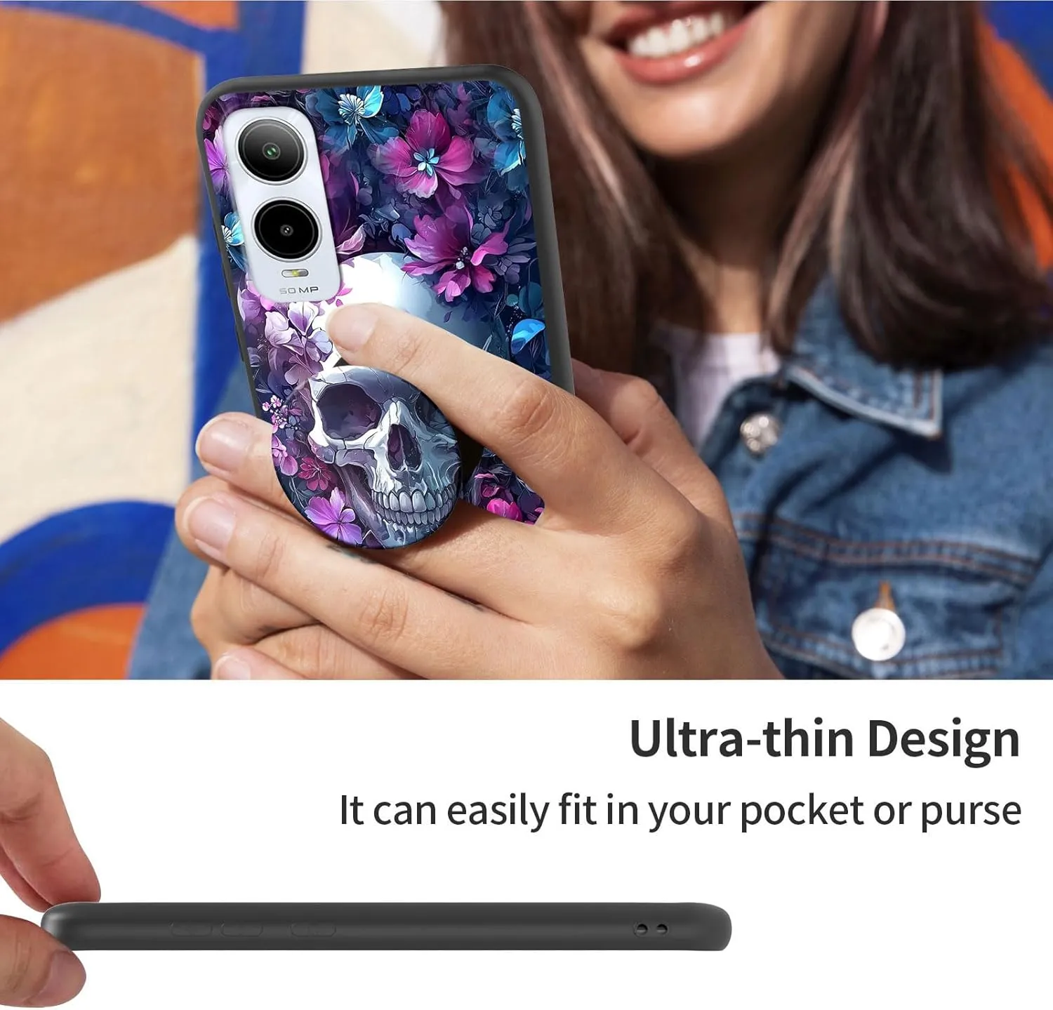 for Cricket Icon 6 Case with Finger Expanding Stand Holder, Soft TPU Silicone Slim Phone Cover Shockproof Drop Proof Protective for Cricket Icon 6, Skull Flowers