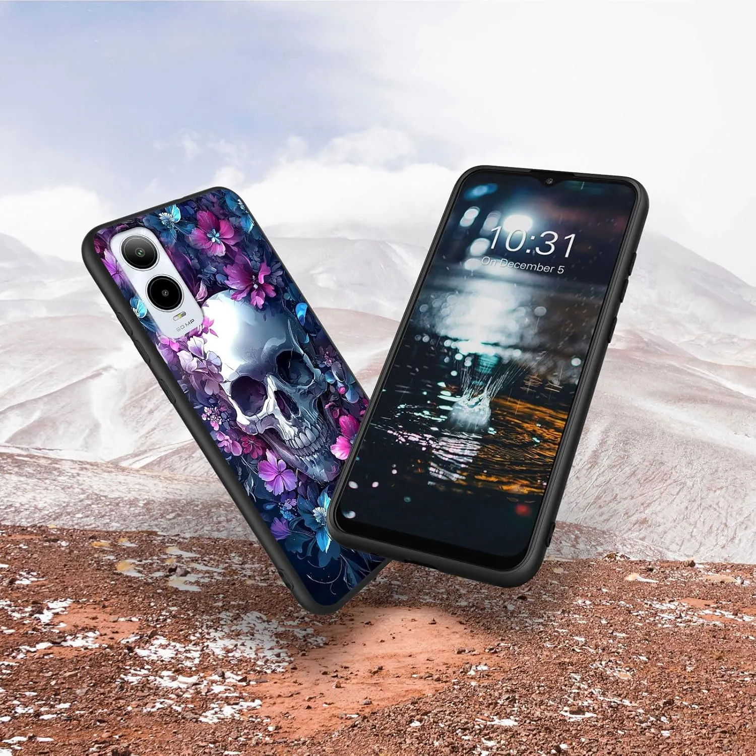 for Cricket Icon 6 Case with Finger Expanding Stand Holder, Soft TPU Silicone Slim Phone Cover Shockproof Drop Proof Protective for Cricket Icon 6, Skull Flowers