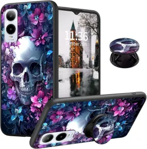 for Cricket Icon 6 Case with Finger Expanding Stand Holder, Soft TPU Silicone Slim Phone Cover Shockproof Drop Proof Protective for Cricket Icon 6, Skull Flowers