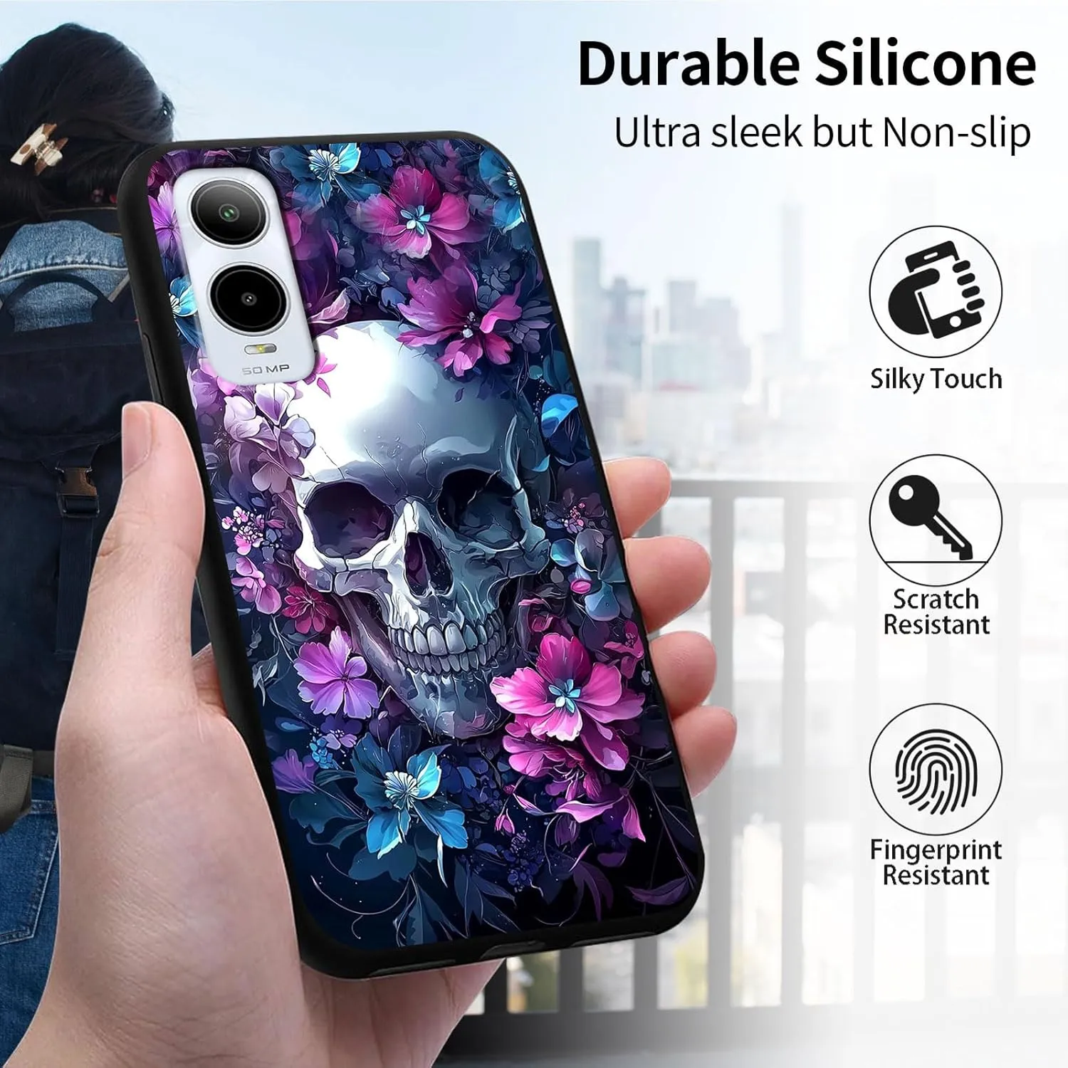 for Cricket Icon 6 Case with Finger Expanding Stand Holder, Soft TPU Silicone Slim Phone Cover Shockproof Drop Proof Protective for Cricket Icon 6, Skull Flowers