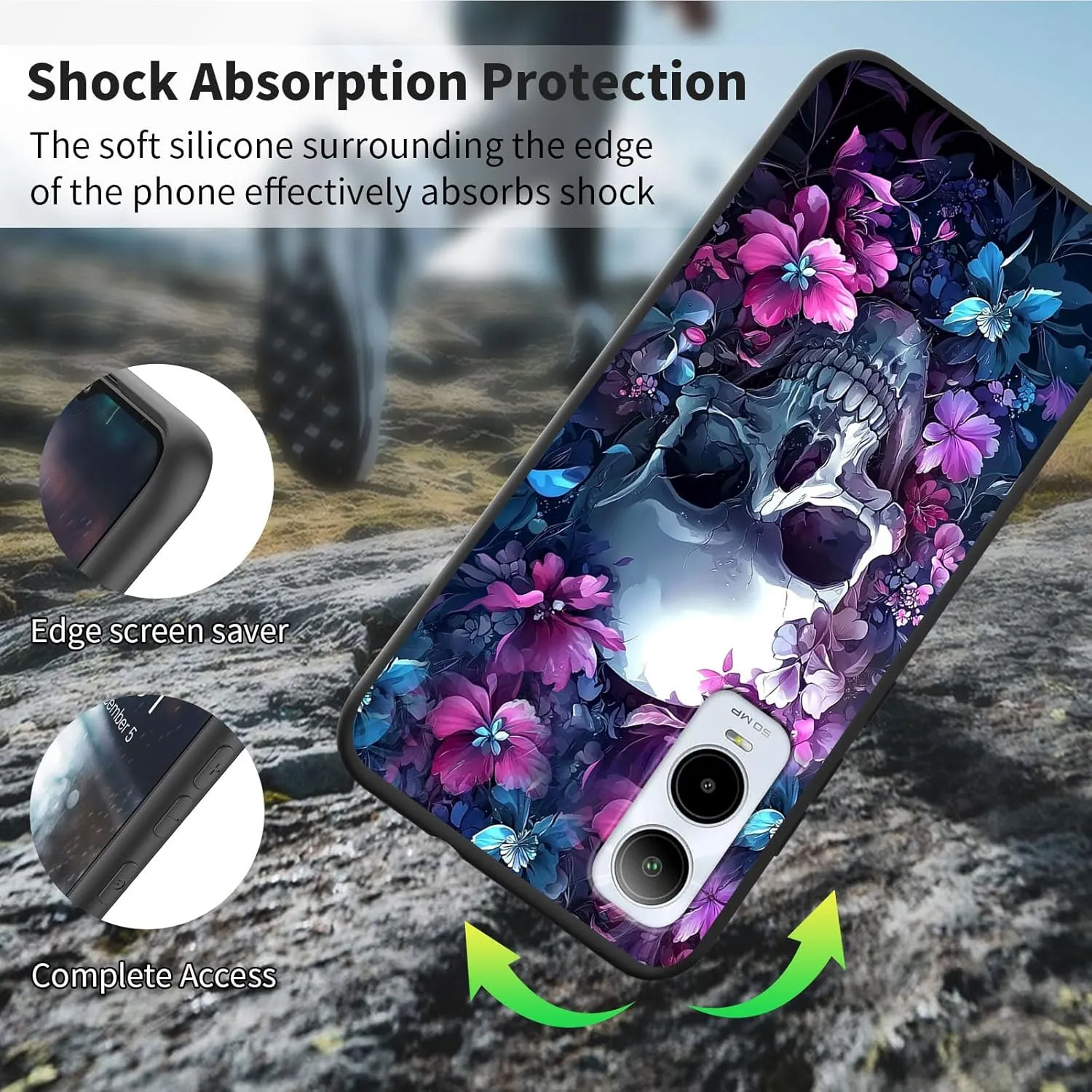 for Cricket Icon 6 Case with Finger Expanding Stand Holder, Soft TPU Silicone Slim Phone Cover Shockproof Drop Proof Protective for Cricket Icon 6, Skull Flowers