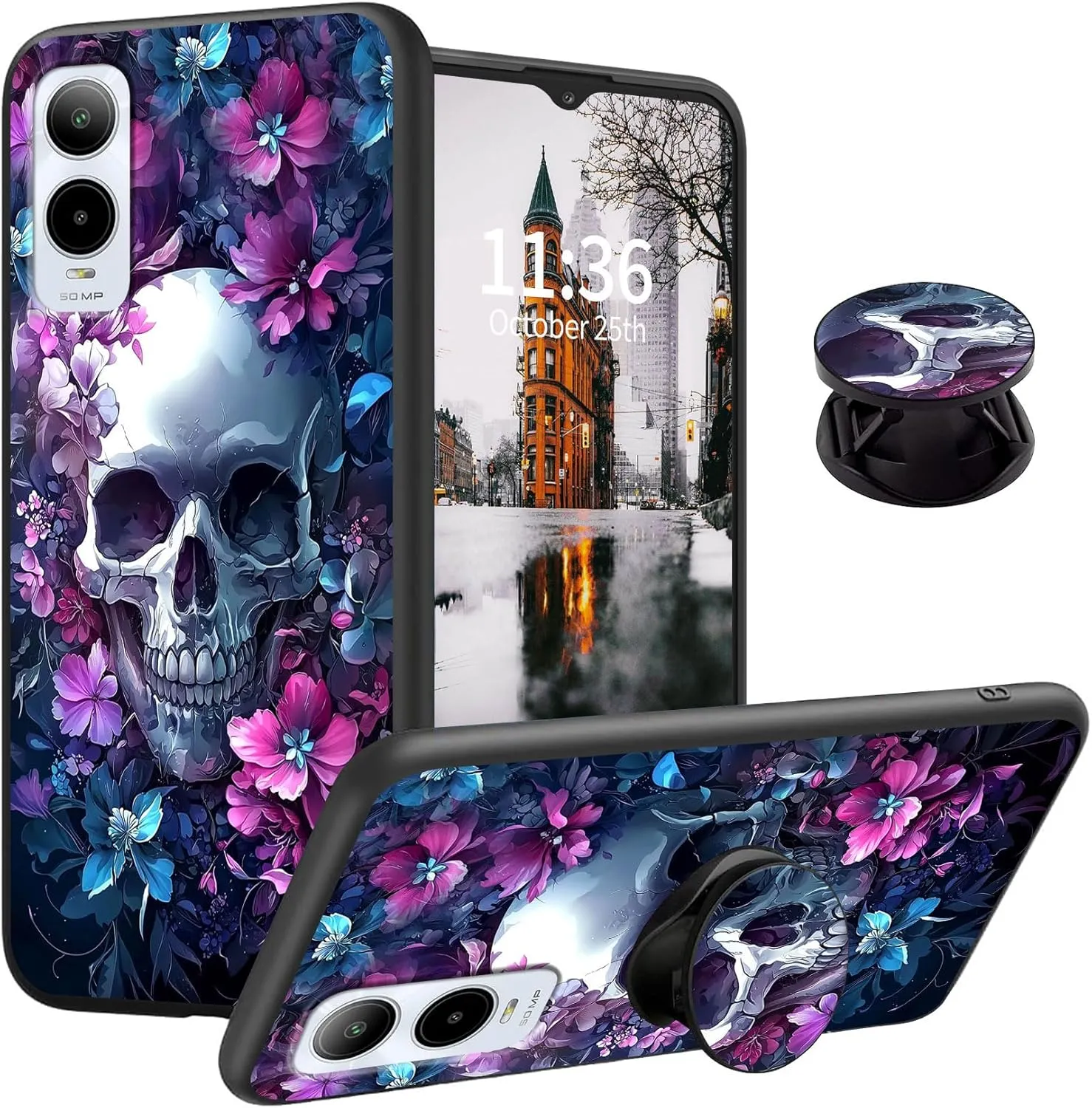 for Cricket Icon 6 Case with Finger Expanding Stand Holder, Soft TPU Silicone Slim Phone Cover Shockproof Drop Proof Protective for Cricket Icon 6, Skull Flowers