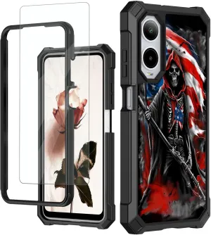 for Cricket Icon 6 Case,ATT Verge SL219A Phone Case with Glass Screen Protector,360 Full-Body Hard PC & Soft TPU Bumper Shockproof Protective Case for Cricket Icon 6-Skull Sword Master