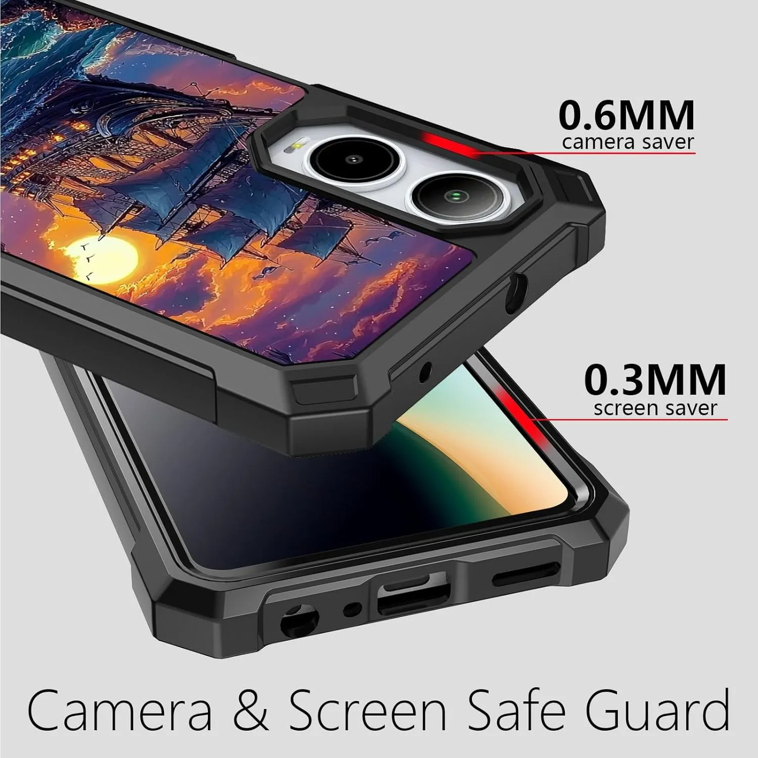 for Cricket Icon 6 SL219C Phone Case for ATT Verge SL219A with Tempered Glass Screen Protector Heavy Duty Dual Layer Hybrid TPU Bumper Pirate Ship Shockproof Cover for Cricket Icon 6