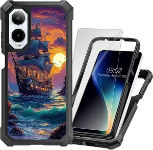 for Cricket Icon 6 SL219C Phone Case for ATT Verge SL219A with Tempered Glass Screen Protector Heavy Duty Dual Layer Hybrid TPU Bumper Pirate Ship Shockproof Cover for Cricket Icon 6