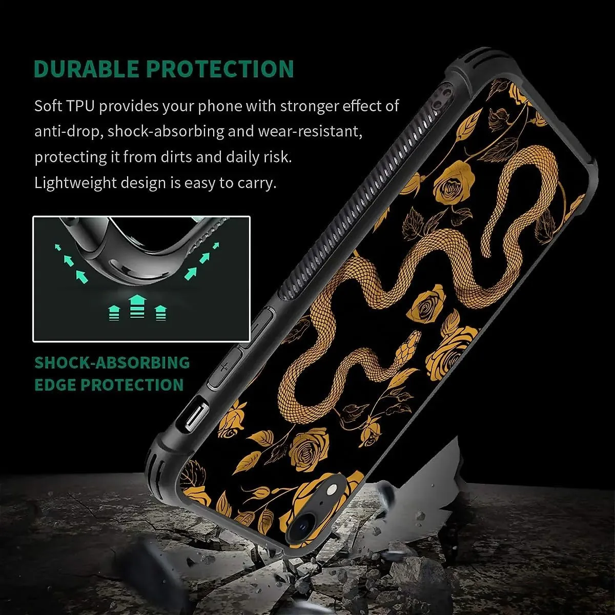 for iPhone XR Case, Golden Snake Rose Pattern Graphic Design Girl Boy Soft Silicone Hard Acrylic Shock Protection for iPhone XR