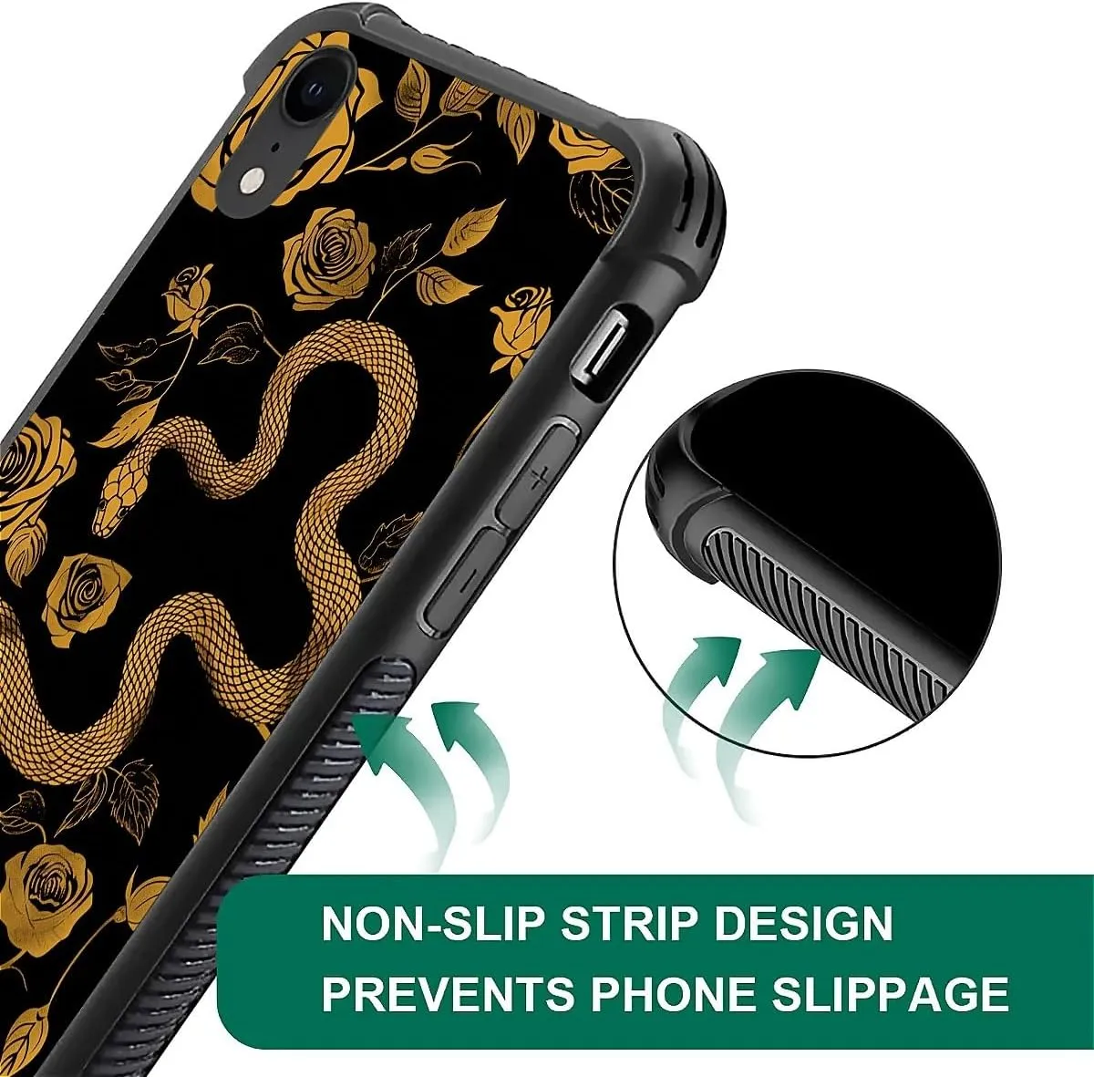 for iPhone XR Case, Golden Snake Rose Pattern Graphic Design Girl Boy Soft Silicone Hard Acrylic Shock Protection for iPhone XR