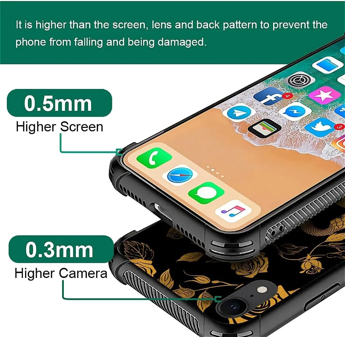 for iPhone XR Case, Golden Snake Rose Pattern Graphic Design Girl Boy Soft Silicone Hard Acrylic Shock Protection for iPhone XR
