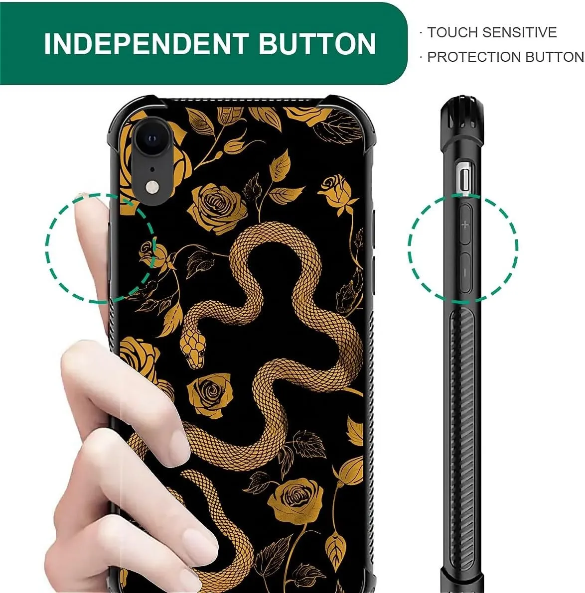 for iPhone XR Case, Golden Snake Rose Pattern Graphic Design Girl Boy Soft Silicone Hard Acrylic Shock Protection for iPhone XR