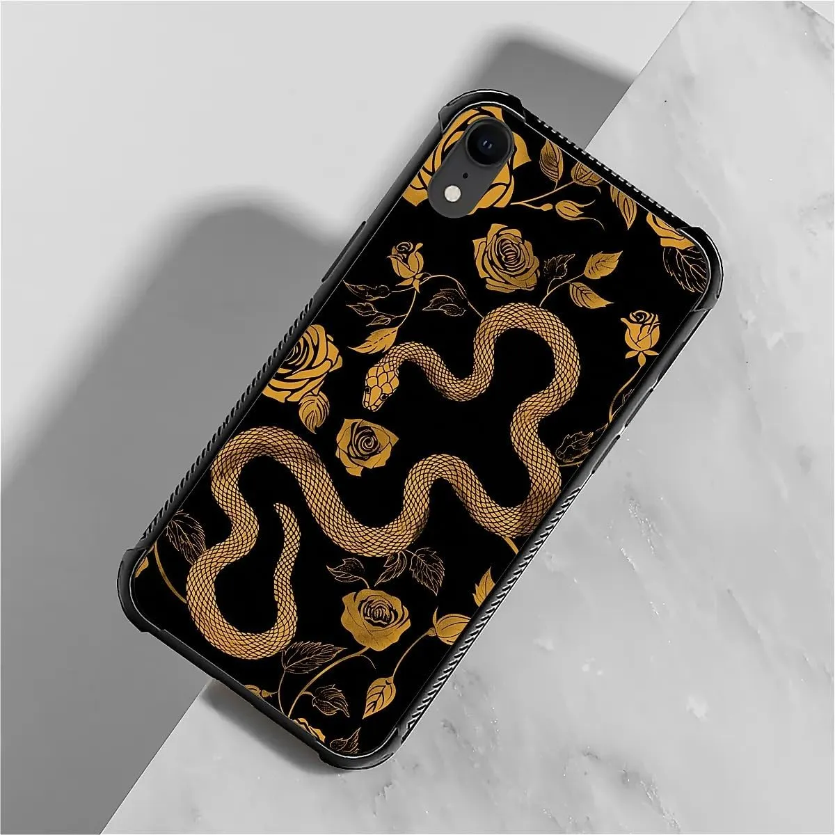 for iPhone XR Case, Golden Snake Rose Pattern Graphic Design Girl Boy Soft Silicone Hard Acrylic Shock Protection for iPhone XR