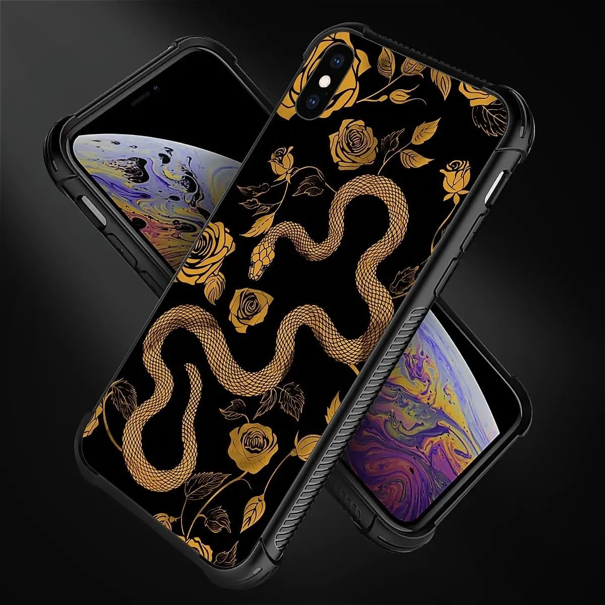 for iPhone XR Case, Golden Snake Rose Pattern Graphic Design Girl Boy Soft Silicone Hard Acrylic Shock Protection for iPhone XR