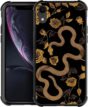 for iPhone XR Case, Golden Snake Rose Pattern Graphic Design Girl Boy Soft Silicone Hard Acrylic Shock Protection for iPhone XR