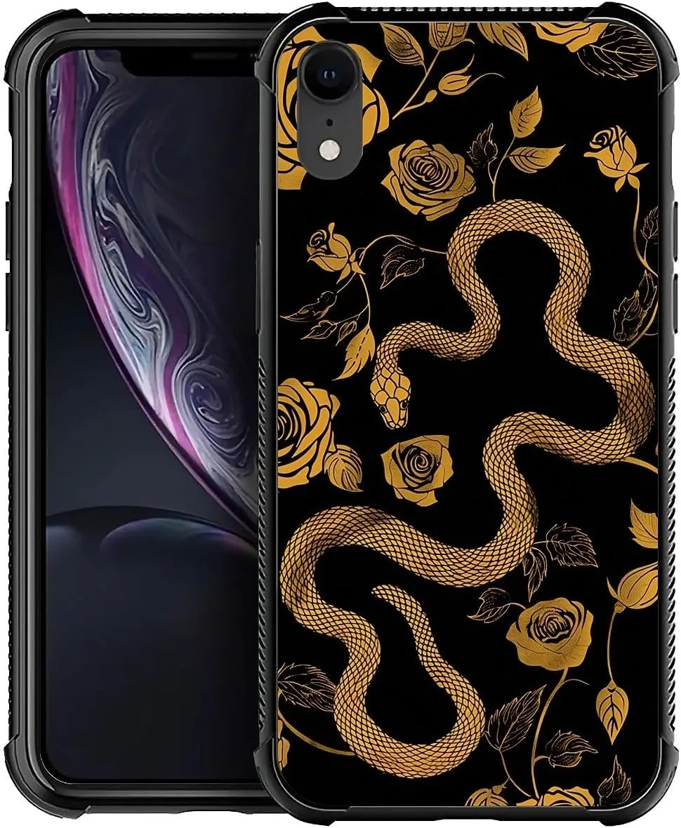 for iPhone XR Case, Golden Snake Rose Pattern Graphic Design Girl Boy Soft Silicone Hard Acrylic Shock Protection for iPhone XR