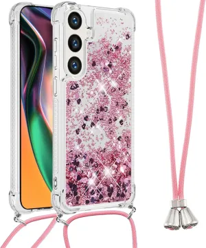 for Samsung Galaxy S24 FE Case Glitter with Crossbody Lanyard Strap for Women, Clear Bling Flowing Liquid Sparkle Quicksand Shockproof Cover Case for Galaxy S24 FE 6.7“ LSS Rose Gold
