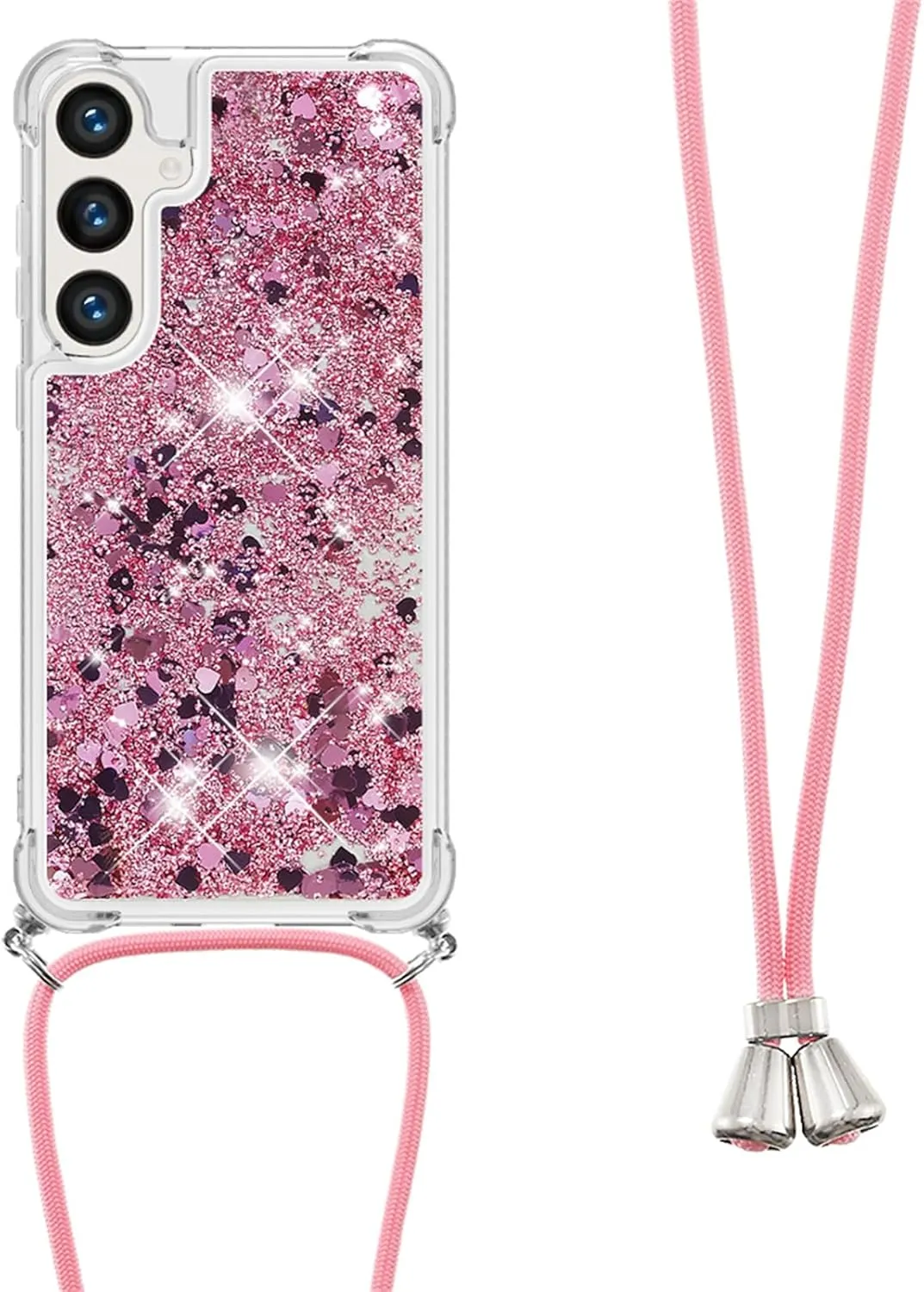 for Samsung Galaxy S24 FE Case Glitter with Crossbody Lanyard Strap for Women, Clear Bling Flowing Liquid Sparkle Quicksand Shockproof Cover Case for Galaxy S24 FE 6.7“ LSS Rose Gold