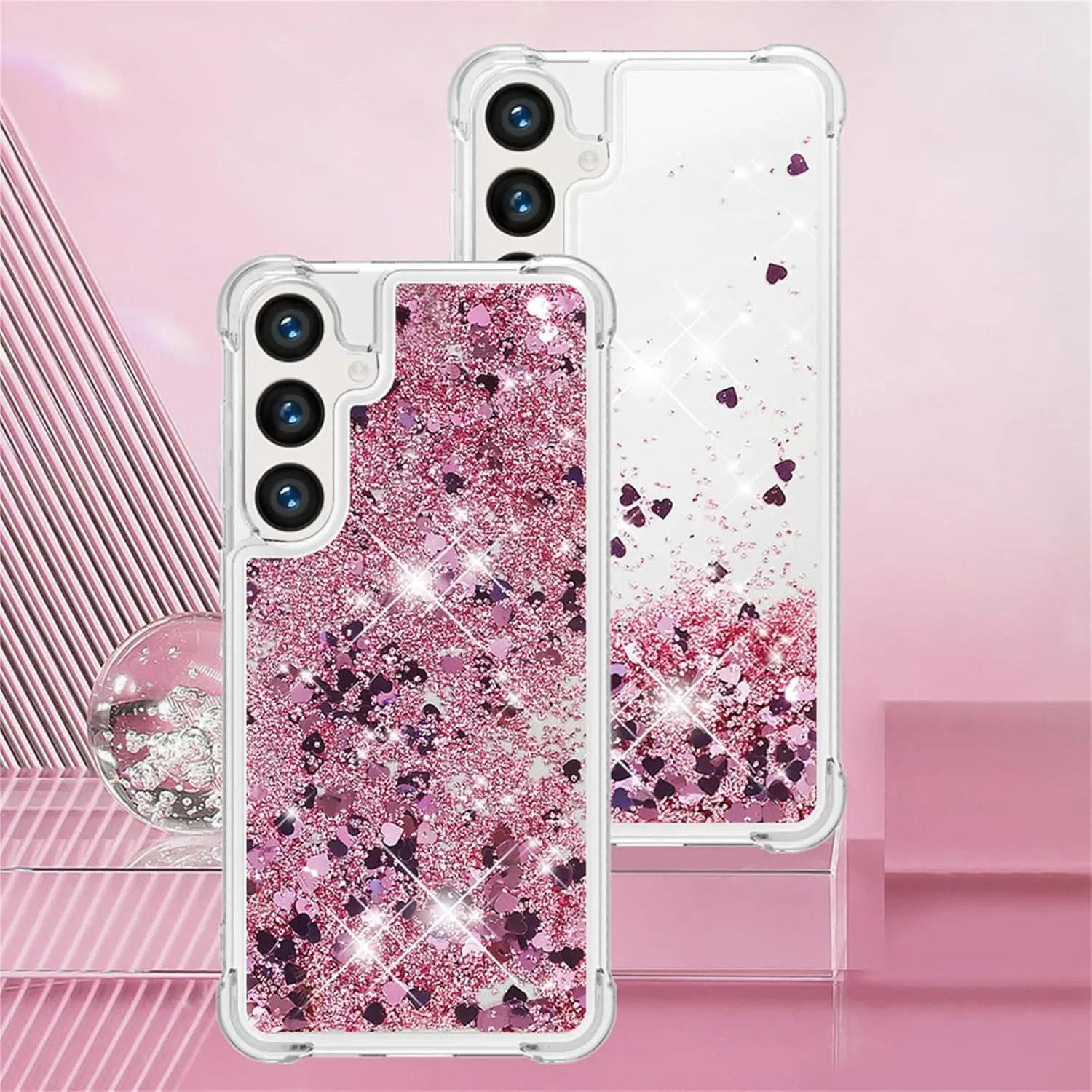 for Samsung Galaxy S24 FE Case Glitter with Crossbody Lanyard Strap for Women, Clear Bling Flowing Liquid Sparkle Quicksand Shockproof Cover Case for Galaxy S24 FE 6.7“ LSS Rose Gold