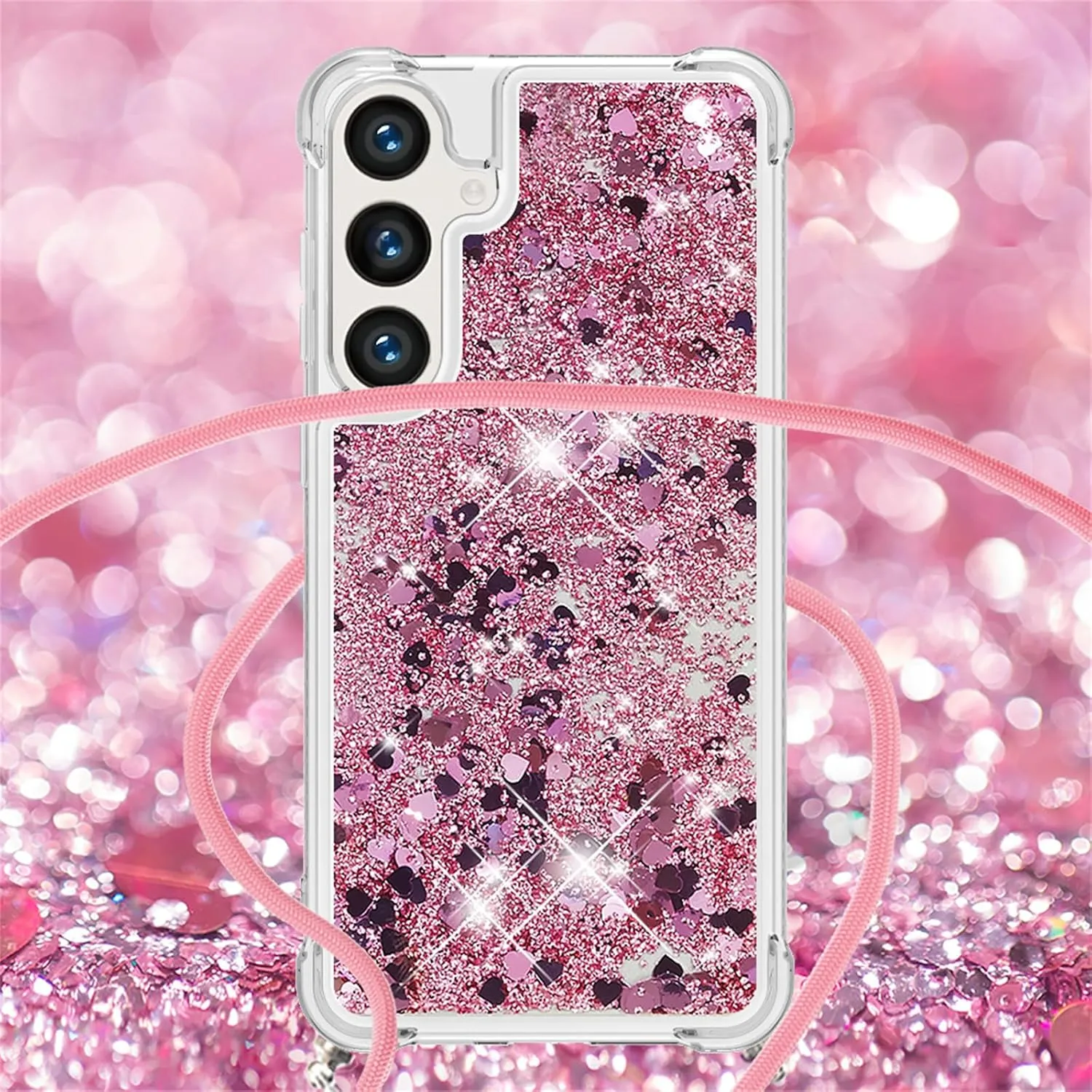 for Samsung Galaxy S24 FE Case Glitter with Crossbody Lanyard Strap for Women, Clear Bling Flowing Liquid Sparkle Quicksand Shockproof Cover Case for Galaxy S24 FE 6.7“ LSS Rose Gold