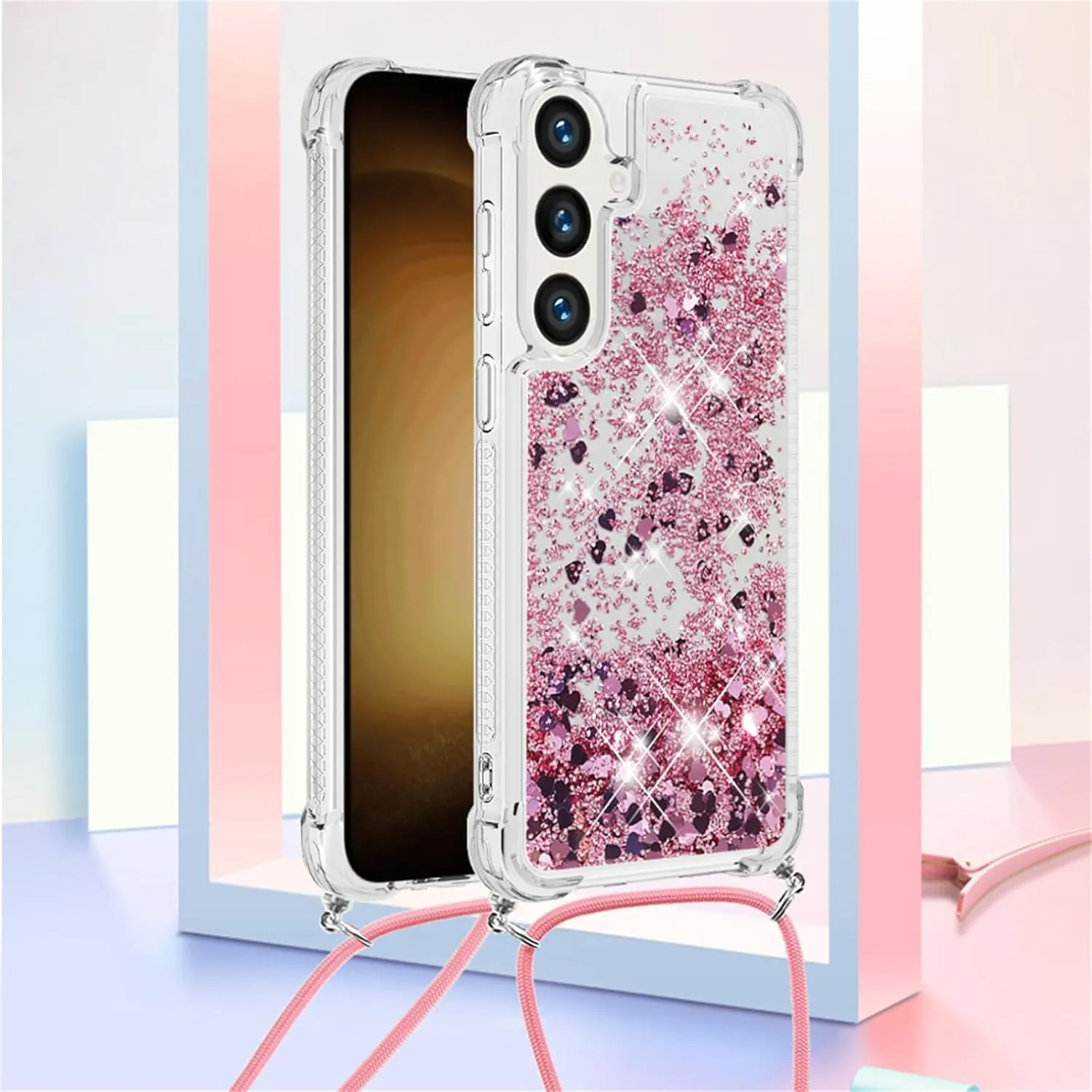 for Samsung Galaxy S24 FE Case Glitter with Crossbody Lanyard Strap for Women, Clear Bling Flowing Liquid Sparkle Quicksand Shockproof Cover Case for Galaxy S24 FE 6.7“ LSS Rose Gold