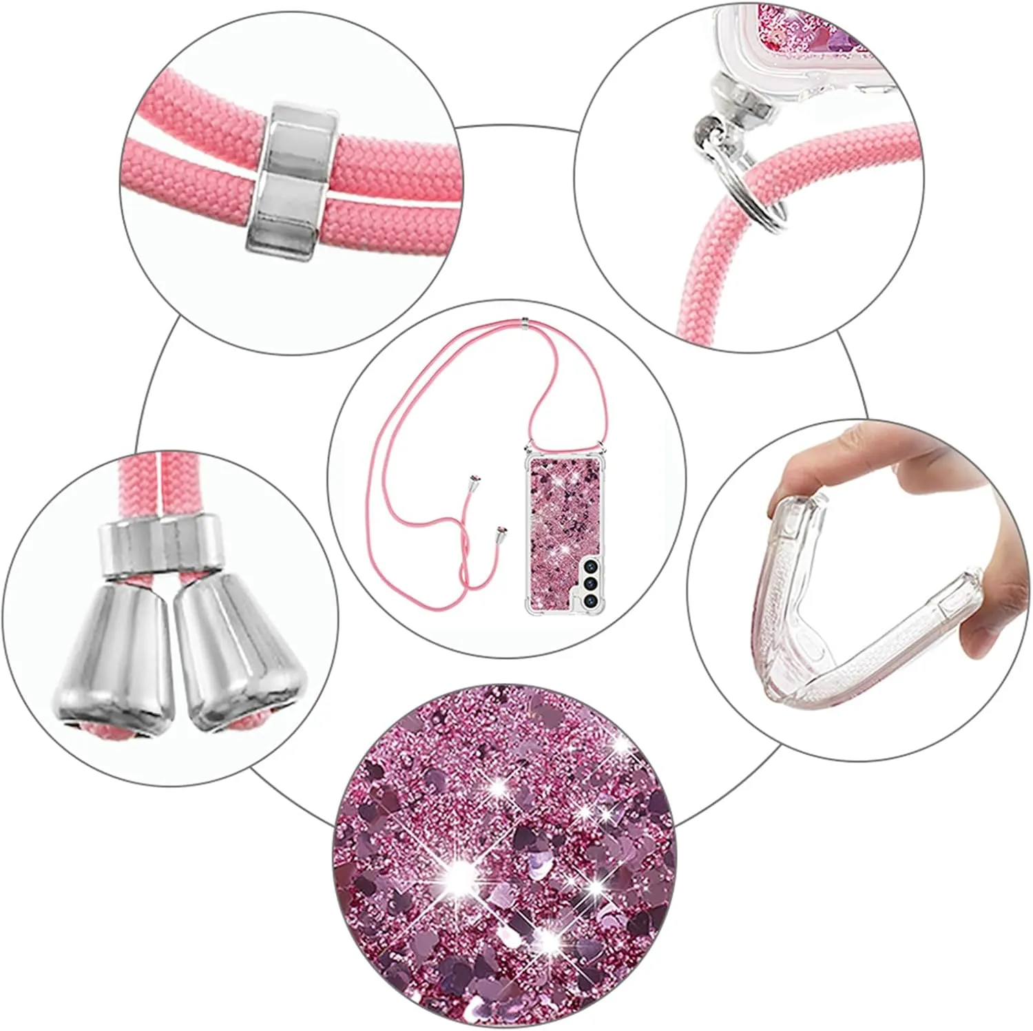 for Samsung Galaxy S24 FE Case Glitter with Crossbody Lanyard Strap for Women, Clear Bling Flowing Liquid Sparkle Quicksand Shockproof Cover Case for Galaxy S24 FE 6.7“ LSS Rose Gold