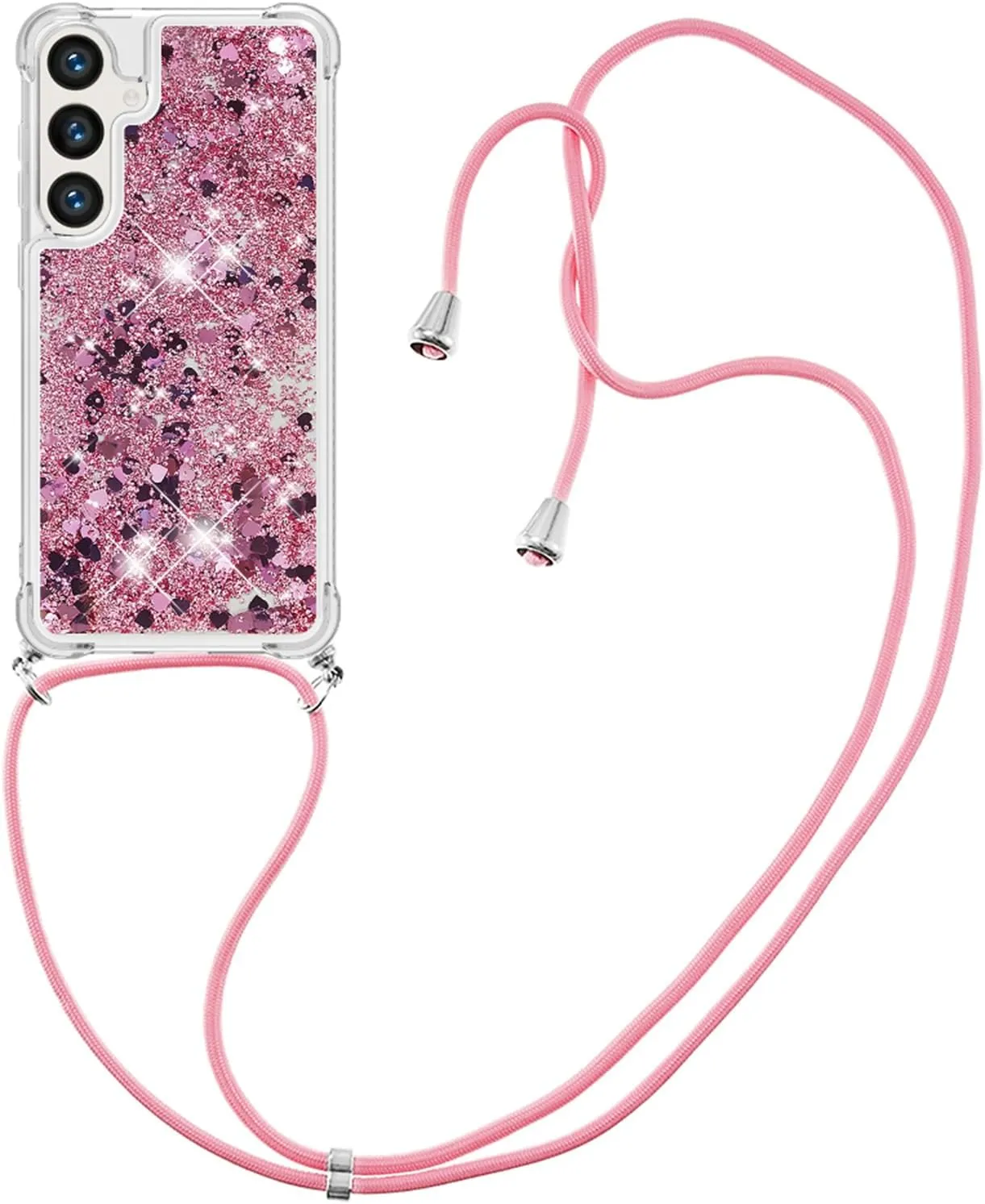 for Samsung Galaxy S24 FE Case Glitter with Crossbody Lanyard Strap for Women, Clear Bling Flowing Liquid Sparkle Quicksand Shockproof Cover Case for Galaxy S24 FE 6.7“ LSS Rose Gold