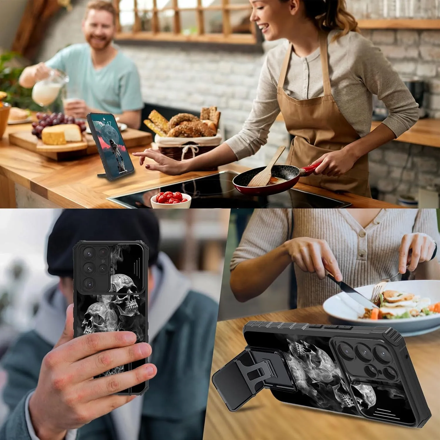 for Samsung Galaxy S24 Ultra 5G Case with Slide Camera Cover and Built-in Kickstand,Military Grade Shockproof Bumper Protective Black Cover for Galaxy S24 Ultra 5G,Smoke Skull