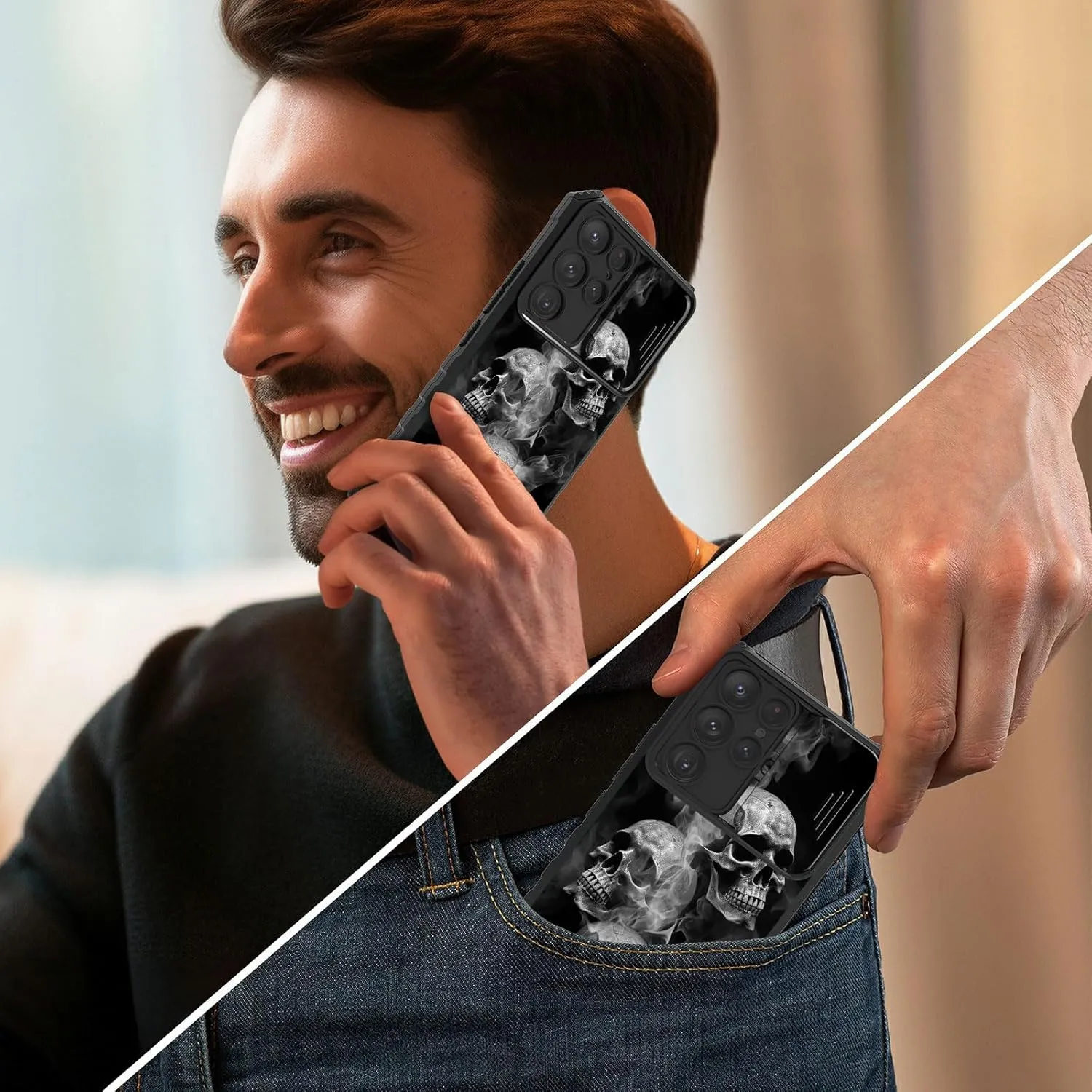 for Samsung Galaxy S24 Ultra 5G Case with Slide Camera Cover and Built-in Kickstand,Military Grade Shockproof Bumper Protective Black Cover for Galaxy S24 Ultra 5G,Smoke Skull