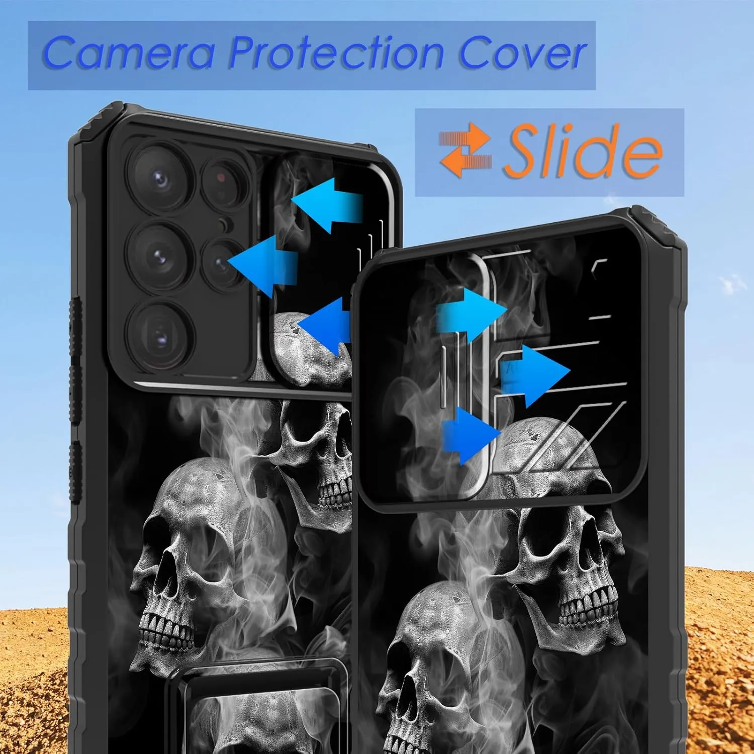 for Samsung Galaxy S24 Ultra 5G Case with Slide Camera Cover and Built-in Kickstand,Military Grade Shockproof Bumper Protective Black Cover for Galaxy S24 Ultra 5G,Smoke Skull