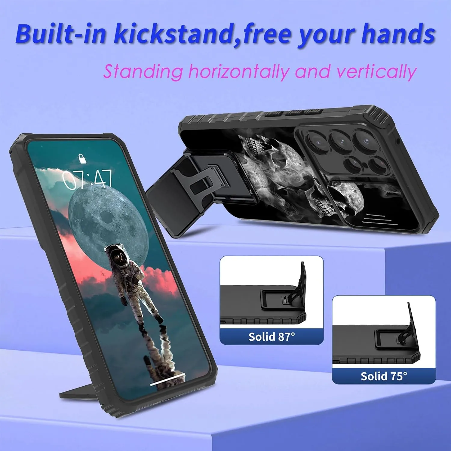 for Samsung Galaxy S24 Ultra 5G Case with Slide Camera Cover and Built-in Kickstand,Military Grade Shockproof Bumper Protective Black Cover for Galaxy S24 Ultra 5G,Smoke Skull