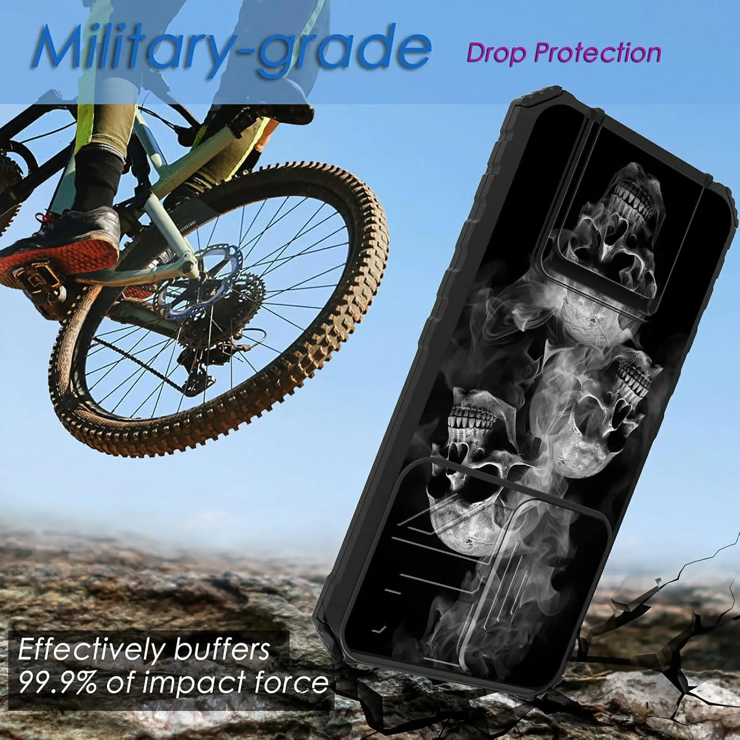 for Samsung Galaxy S24 Ultra 5G Case with Slide Camera Cover and Built-in Kickstand,Military Grade Shockproof Bumper Protective Black Cover for Galaxy S24 Ultra 5G,Smoke Skull