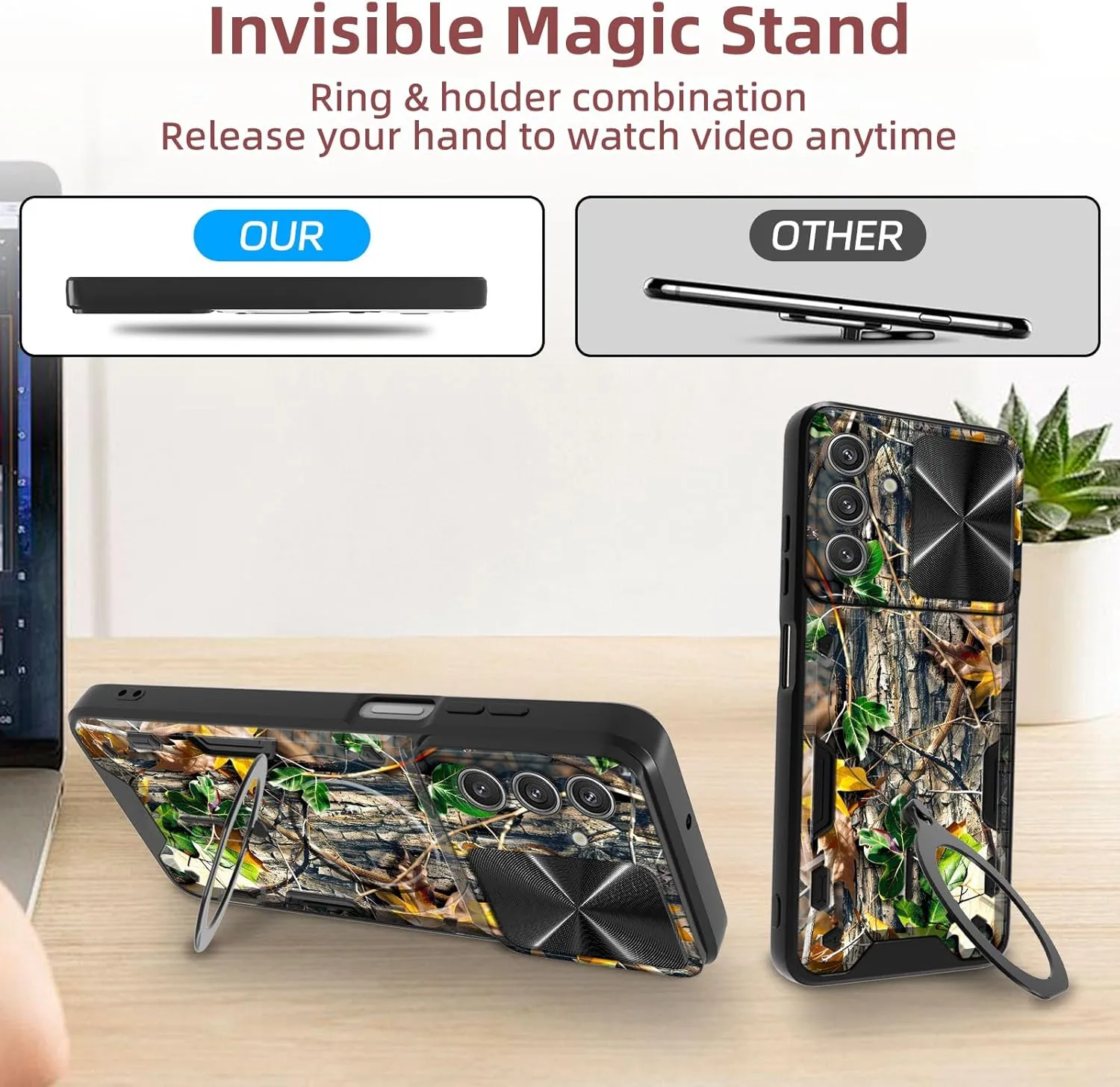 for Samsung Galaxy S25 Case, 360 Degree Rotating Ring-Shaped Kickstand, Slide Camera Lens Cover, Camouflage Leaves Shockproof Protective Case for Galaxy S25
