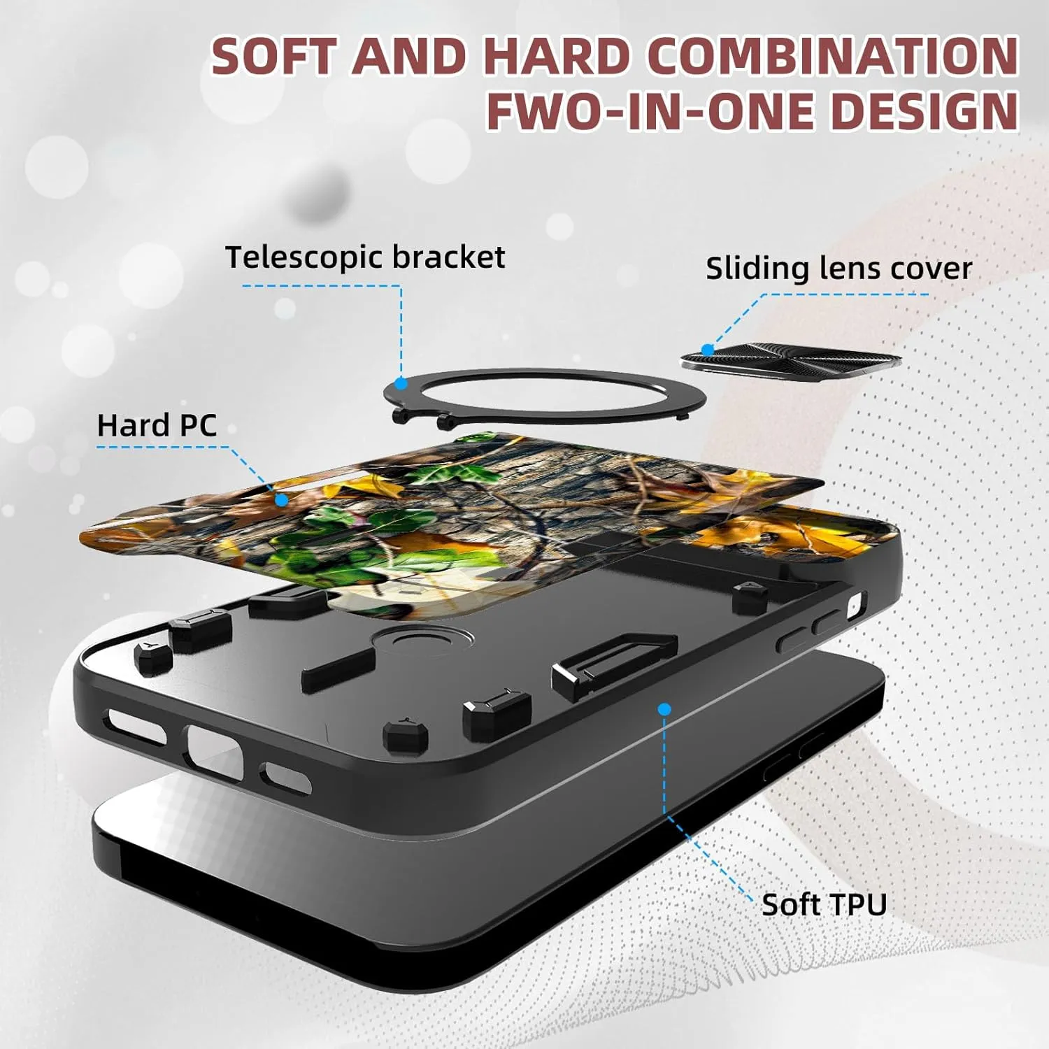 for Samsung Galaxy S25 Case, 360 Degree Rotating Ring-Shaped Kickstand, Slide Camera Lens Cover, Camouflage Leaves Shockproof Protective Case for Galaxy S25