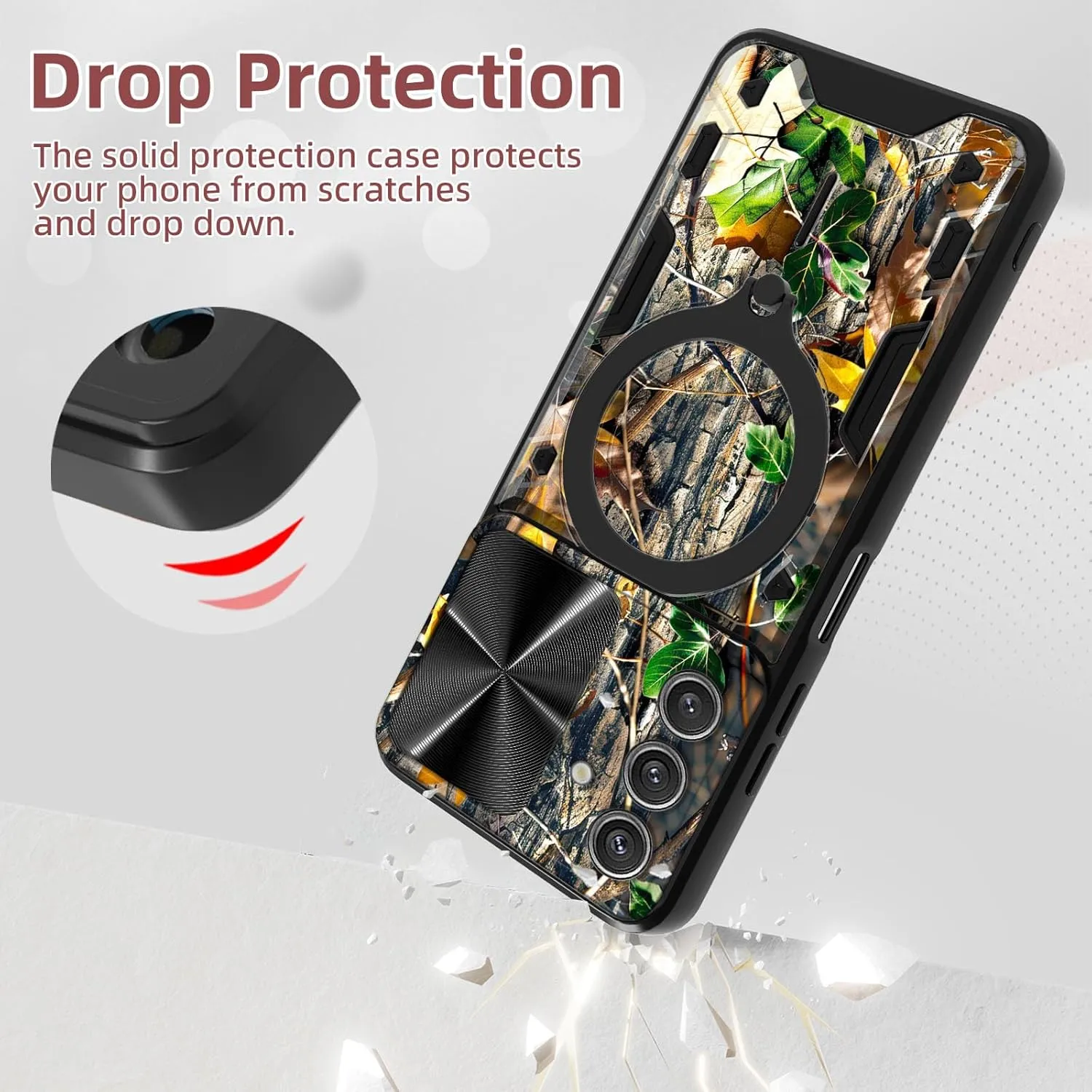 for Samsung Galaxy S25 Case, 360 Degree Rotating Ring-Shaped Kickstand, Slide Camera Lens Cover, Camouflage Leaves Shockproof Protective Case for Galaxy S25