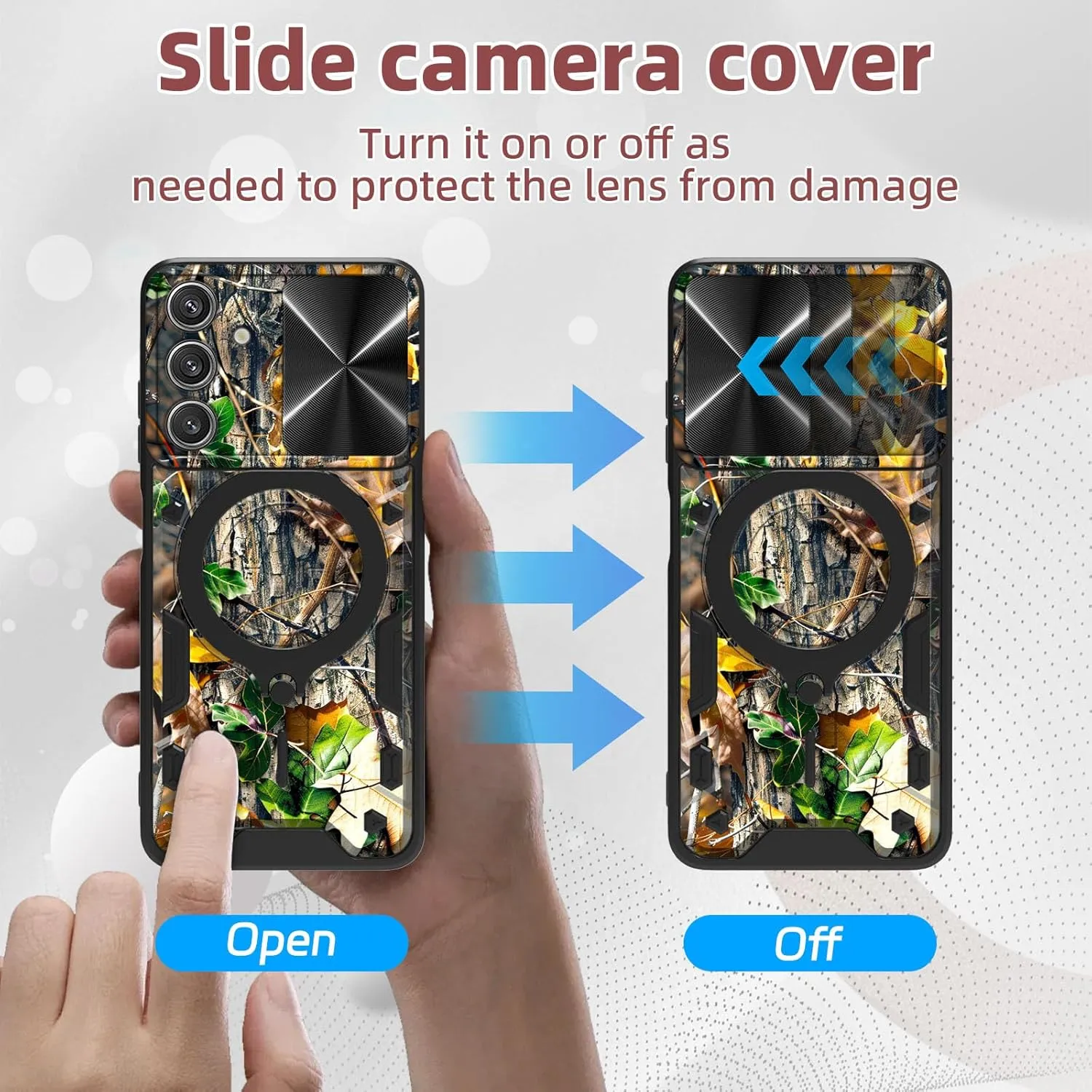 for Samsung Galaxy S25 Case, 360 Degree Rotating Ring-Shaped Kickstand, Slide Camera Lens Cover, Camouflage Leaves Shockproof Protective Case for Galaxy S25