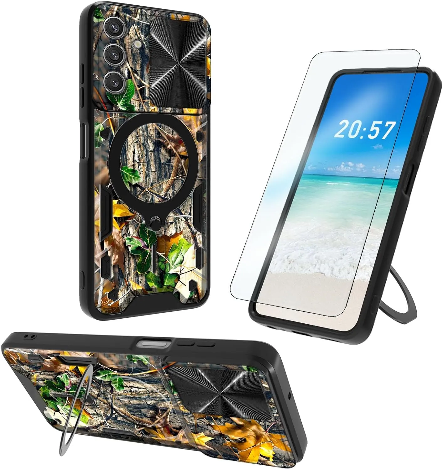 for Samsung Galaxy S25 Case, 360 Degree Rotating Ring-Shaped Kickstand, Slide Camera Lens Cover, Camouflage Leaves Shockproof Protective Case for Galaxy S25