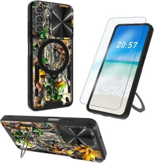 for Samsung Galaxy S25 Case, 360 Degree Rotating Ring-Shaped Kickstand, Slide Camera Lens Cover, Camouflage Leaves Shockproof Protective Case for Galaxy S25