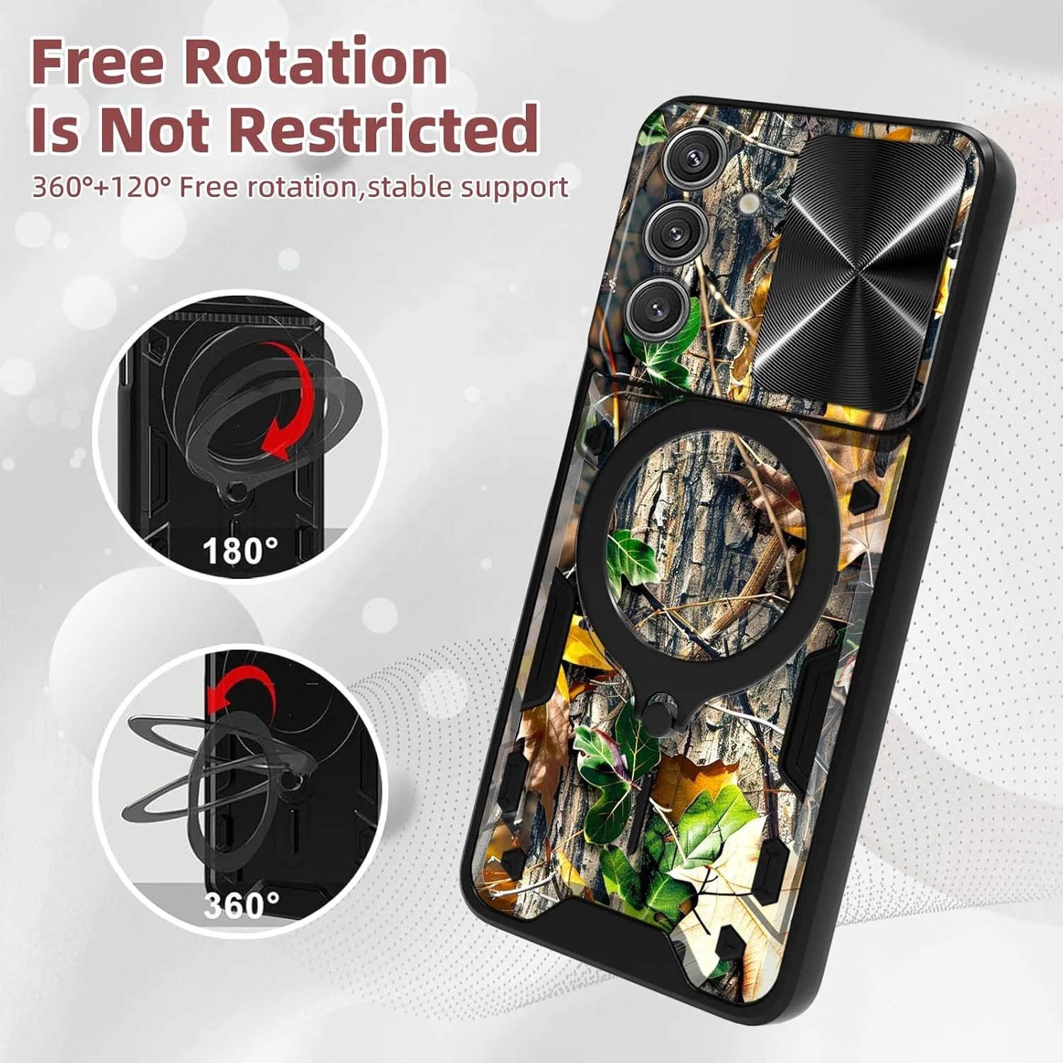 for Samsung Galaxy S25 Case, 360 Degree Rotating Ring-Shaped Kickstand, Slide Camera Lens Cover, Camouflage Leaves Shockproof Protective Case for Galaxy S25