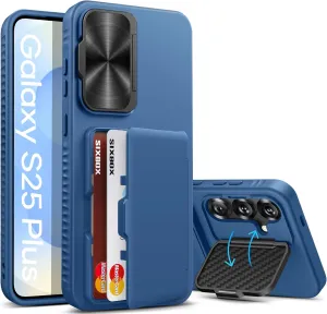 for Samsung Galaxy S25  Plus Case with Card Holder, Built-in Stand & Camera Lens Cover, Shockproof Rugged Silicone Raised Edge Protective Wallet Phone Case for Samsung S25  Plus 2025, Blue