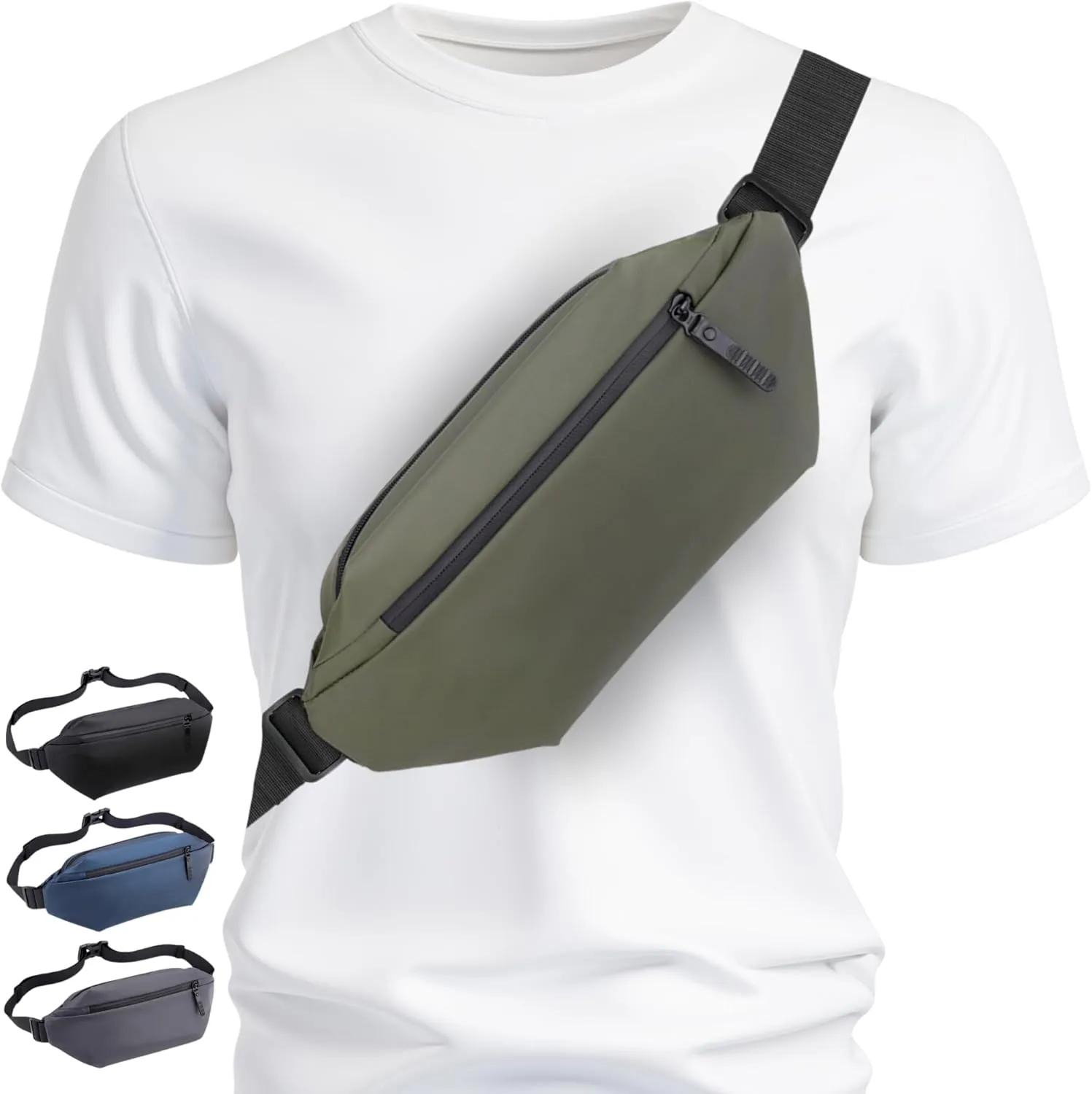 FORZAROCKET 3L Sling bag, EDC Large Crossbody Bag w/Extra Long Strap 66"- Men Women Fanny Pack w/Umbrella Compartment - for Errands, Travel & Hiking - Water-Resistant Everyday Belt Bag, Army Green
