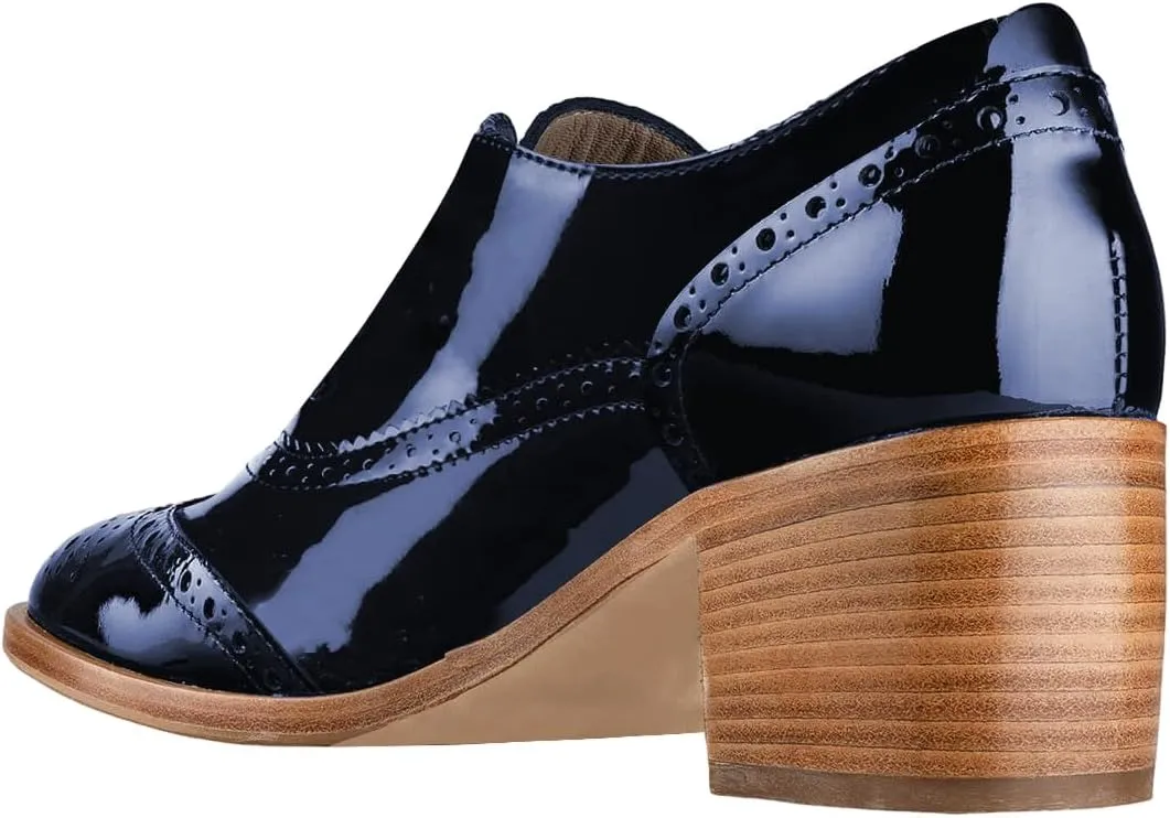 FOWT Women's Perforated Lace-Up Oxfords Almond Toe Mid Chunky Heel Brogues Casual Unisex Derby Saddle Shoes for Office Vacation Business US Size 4-16