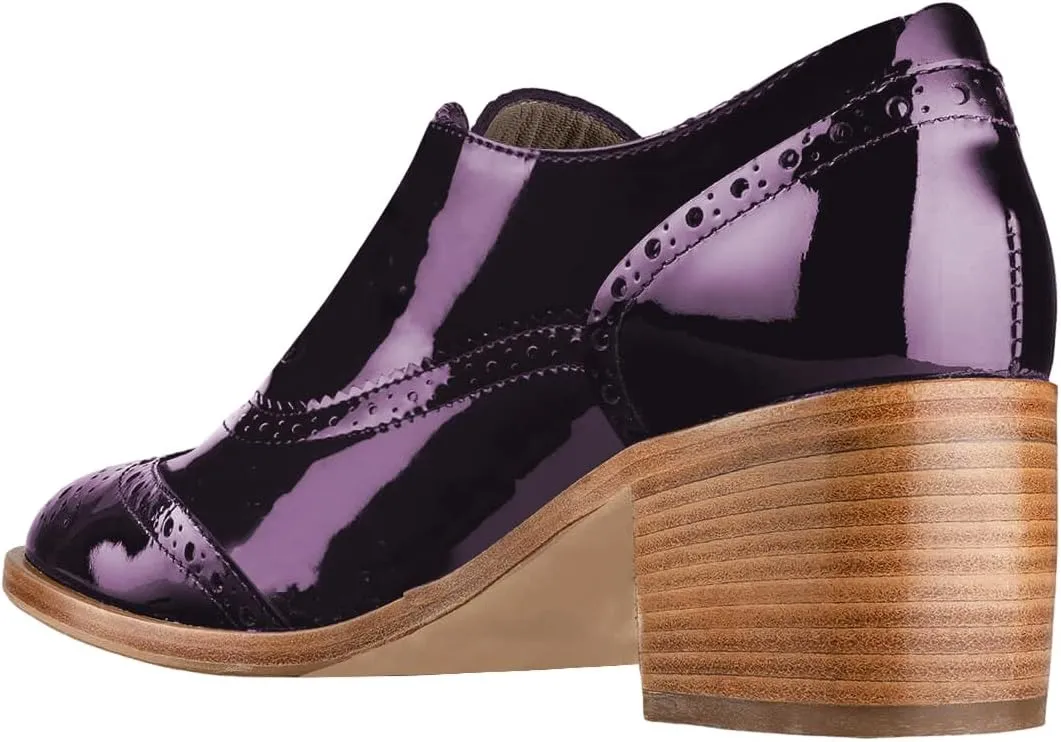FOWT Women's Perforated Lace-Up Oxfords Almond Toe Mid Chunky Heel Brogues Casual Unisex Derby Saddle Shoes for Office Vacation Business US Size 4-16