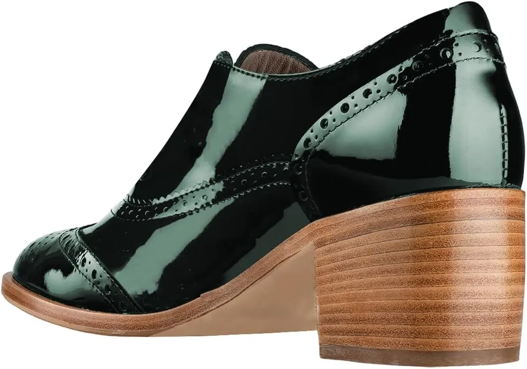 FOWT Women's Perforated Lace-Up Oxfords Almond Toe Mid Chunky Heel Brogues Casual Unisex Derby Saddle Shoes for Office Vacation Business US Size 4-16
