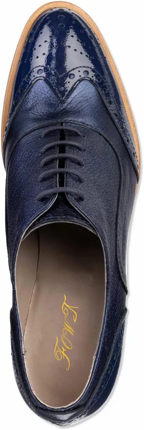 FOWT Women's Perforated Lace-Up Oxfords Almond Toe Mid Chunky Heel Brogues Casual Unisex Derby Saddle Shoes for Office Vacation Business US Size 4-16