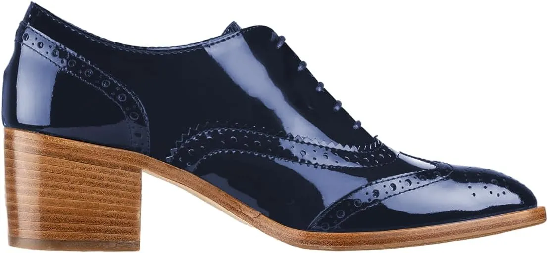 FOWT Women's Perforated Lace-Up Oxfords Almond Toe Mid Chunky Heel Brogues Casual Unisex Derby Saddle Shoes for Office Vacation Business US Size 4-16
