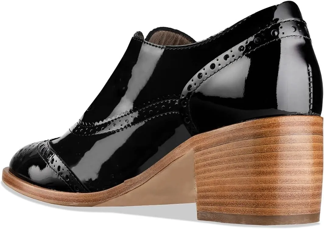 FOWT Women's Perforated Lace-Up Oxfords Almond Toe Mid Chunky Heel Brogues Casual Unisex Derby Saddle Shoes for Office Vacation Business US Size 4-16