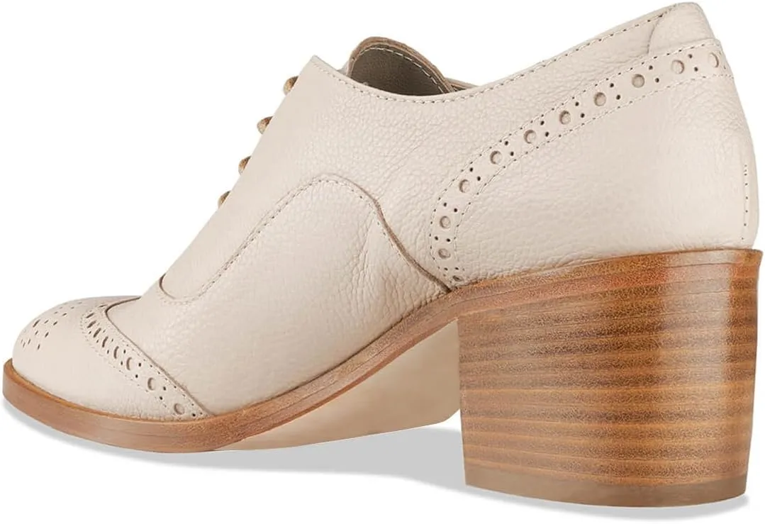 FOWT Women's Perforated Lace-Up Oxfords Almond Toe Mid Chunky Heel Brogues Casual Unisex Derby Saddle Shoes for Office Vacation Business US Size 4-16