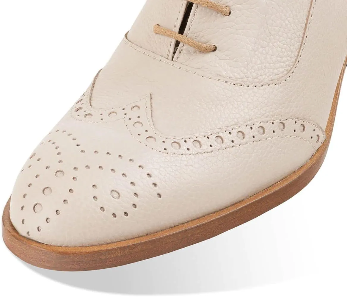 FOWT Women's Perforated Lace-Up Oxfords Almond Toe Mid Chunky Heel Brogues Casual Unisex Derby Saddle Shoes for Office Vacation Business US Size 4-16